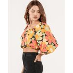 Billabong Yellow Orange Pink Floral Sun City Puff Sleeve Crop Blouse Large Photo 7
