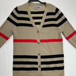 Elegant Beige and Black Striped Cardigan with Red Accents Tan Size M Photo 2