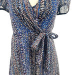 Anna Sui Wrap Mini Dress Short Sleeve Abstract Print Silk Blue Metallic Size 0 Photo 2