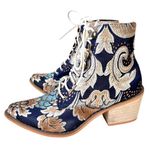 Vintage Satin Floral Embroidered Block Heel Cowboy Ankle Booties Blue Size 7 Photo 1