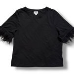 For Cynthia Black Feather Trim Short Sleeve Statement Top Women’s L Photo 0