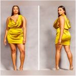 Pretty Little Thing  x Naomi Campbell Chartreuse Satin Extreme Cowl Bodycon Dress Photo 1