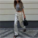 ZARA TRF Boyfriend Mid Rise Metallic Silver Wide Leg Jeans Size 14 Photo 1