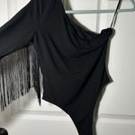 SheIn One Shoulder Black Fringe Bodysuit Medium One Sleeve Photo 0