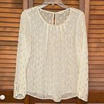 Maison Jules Cream and Gold Patterned Sheer Long Sleeve Blouse Size Medium Photo 0