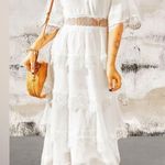 Tulle High Waist Hollow Out Lace Short Sleeve V Neck Long Dress White Size L Photo 8