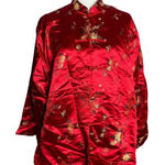 Jade Jade Jade Asian Kimomo Jacket Large Red Floral Lined Frog Buttons Pockets Photo 0