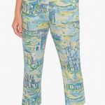 Bentley A Pants Womens 4 Blue Yellow Scenic Print Cropped Capri Bohemian Coastal Photo 0