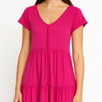 See You Monday  Pink Ribbed Tiered Midi Dress Short Sleeve Casual‎ Cute Large Photo 0