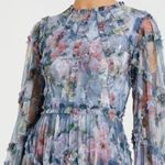 Mac Duggal   8098 Blue Floral Long Sleeve High Neck Ruffle Midi Dress Photo 3