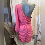 Women One Shoulder Ruched Bodycon Mini Dress Puff Long Sleeve Size S Pink Photo 3