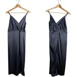 ASTR The Label Twist Front Satin Midi Dress Women's Small Slate Blue Slit NWT Photo 4