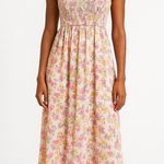 Kos Resort Floral‎ Smocked Maxi Dress Size S Pink Yellow Tie Strap Boho Cottage Photo 0