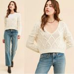 Free People  Size XL Traveler Cable Knit Pullover V Neck Sweater Creme Neutral Photo 6