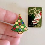 Vintage Christmas Metal Glazed Enamel Lapel Pins, Rock & Roll Santa & XMAS Tree Green Photo 1