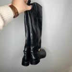 Tory Burch  Marlene Black Leather Riding Boots Gold Embossed Logo Women's Size 7M Photo 2