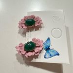 Pink Enamel Floral Earrings with Green Jade Photo 3