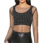 Endless Blu Bloomingdales Lucinda Mesh Embellished Pearl Crop Top Holiday party Black Photo 0