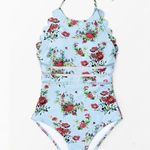 Cupshe NWT  Light Blue And Red Floral Halter One-Piece Swimsuit Size Medium New Photo 1