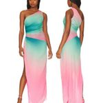 NWT Rococo Sand Luca One Shoulder Pleated Cocktail Maxi Dress Ombre Women's M Green Size M Photo 0