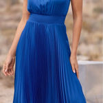 Boston Proper  Pleated High Neck Blouson Blue Midi Dress Photo 0
