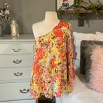 Audrey 3+1  One Shoulder Colorful Floral Orange Flowy Womens Small Roomy Blouse Photo 5