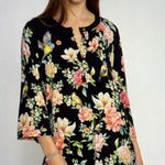 Johnny Was Janie Shirt Womens Small Black Floral Bird Print Henley Tunic Top Photo 0