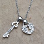Silver Tone Heart Key Lock Double Pendant Necklace Photo 0