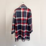 Tahari  Blue Check Button Wool Blend Fringe Over Coat Size Large Photo 3