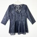 Free People Black Shimmer Sheer Floral Lace Henley Neck Flare Blouse Top Size L Photo 2