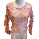 ZARA Sheer Floral Blouse Ruffle Sleeves Ruched S Orange Photo 1
