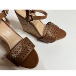 BCBGeneration BCBG Brown Leather Laser-Cut Wedge Sandals with Cork Platform 7 1/2 Summer Shoes Photo 1