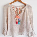 ZARA Women's Cream Layered Mesh Peasant Boho Top Tassels Size XS Photo 0