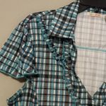 Caren Sport 2X Capped Sleeve Button Front Ruffle Stretch Plaid Top Blue Photo 7
