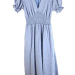 Hutch Womens Midi Dress Smocked Waist Puff Short Sleeve V-Neck Zip Back Blue S Photo 0