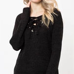 Love Tree  New Black Marbled Tie Neck Lace Up Long Sleeve Sweater A121 Photo 0