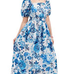 Gorgeous Blue Floral Maxi Dress Puff Sleeves Square Neck Photo 0