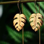 18K Yellow Gold Silver Drop Earrings Monstera Leaves Dangle Earring Photo 1