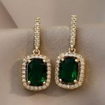 Women's CZ Diamond Green Gemstone Square Emerald Dangle Drop Earrings Gold Photo 1