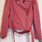 Moritt Pink Faux Leather Moto‎ Jacket Puff Sleeve Belted Stylish Size L Photo 0