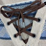 CHAPS  Western Sweater Blue Tan Pullover Striped Neckline Crisscross Tie Size L Photo 5