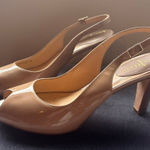 Cole Haan Nude Tan Beige Patent Leather Peep Toe Slingback Heels Pumps Size 9B Photo 0