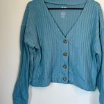 SO  Teal Button-Up V-Neck Oversized Cropped Ribbed Cardigan - Juniors Large Photo 3