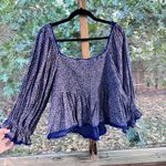 Free People  Brittnee Print Smocked Peplum Crop Top Blue Combo Size XL Photo 3