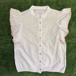 THE SHIRT by Rochelle Behrens White Swiss Dot Lace Trim Flutter Sleeve Blouse Photo 0