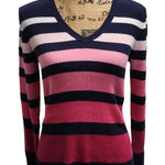 Liz & Co . Womens Medium V Neck Striped Knit Sweater Pink Blue Cotton Blend Photo 0