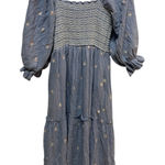 Blue Embroidered Gauze Midi Dress Square Neck Smocked Bodice Puff Sleeve Tiered Size M Photo 0