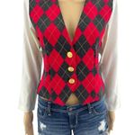 Positive Attitude US 4 American VINTAGE 80s Red Argyle Plaid Dicky Bib Vest Top Photo 1