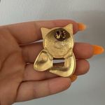 Vintage Kitty Cat 80s 70s Gold Tone Pin Button Sweet Green Eyes Whiskers Photo 3