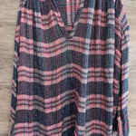 Free People  Top Loose Oversized Long Sleeve Plaid Size Small V Neck Bohemian Photo 0